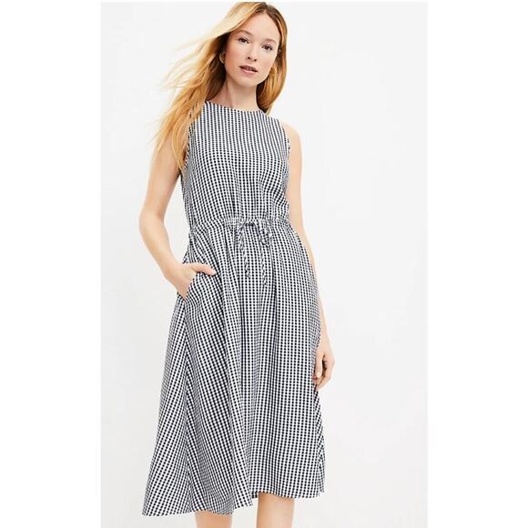 Loft Women's Gingham Midi Dress Size XS Crossover Back Pockets - Picture 2 of 16
